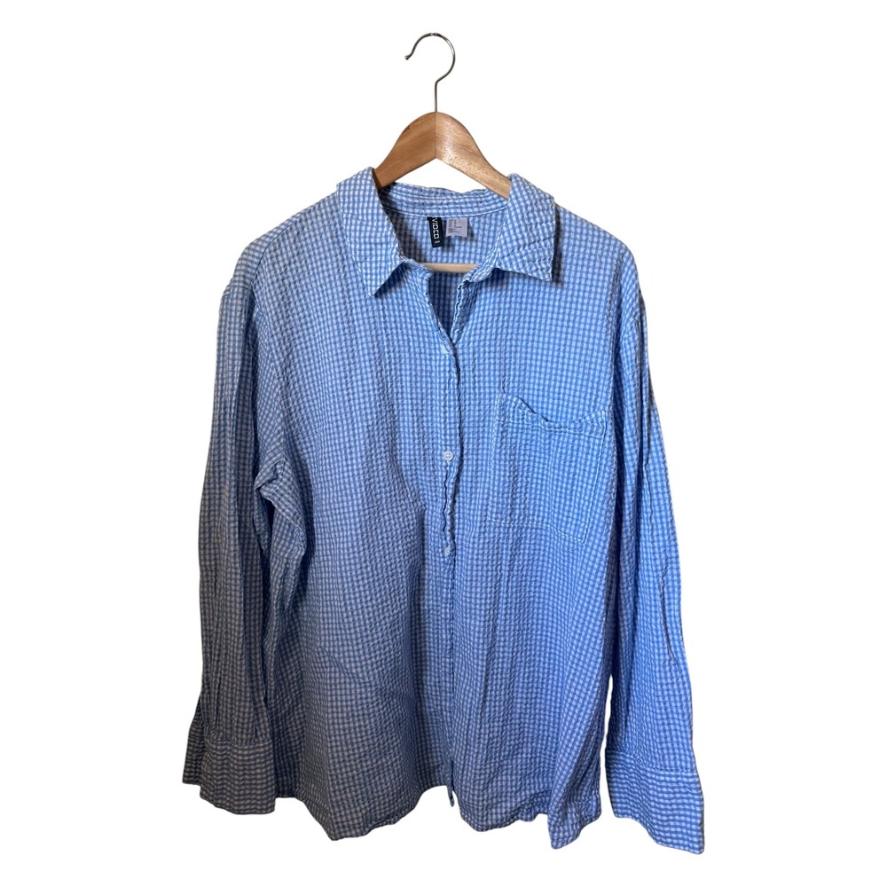H&M Divided Button Down Men M Blue Gingham Excellent Seersucker Cotton Shirt